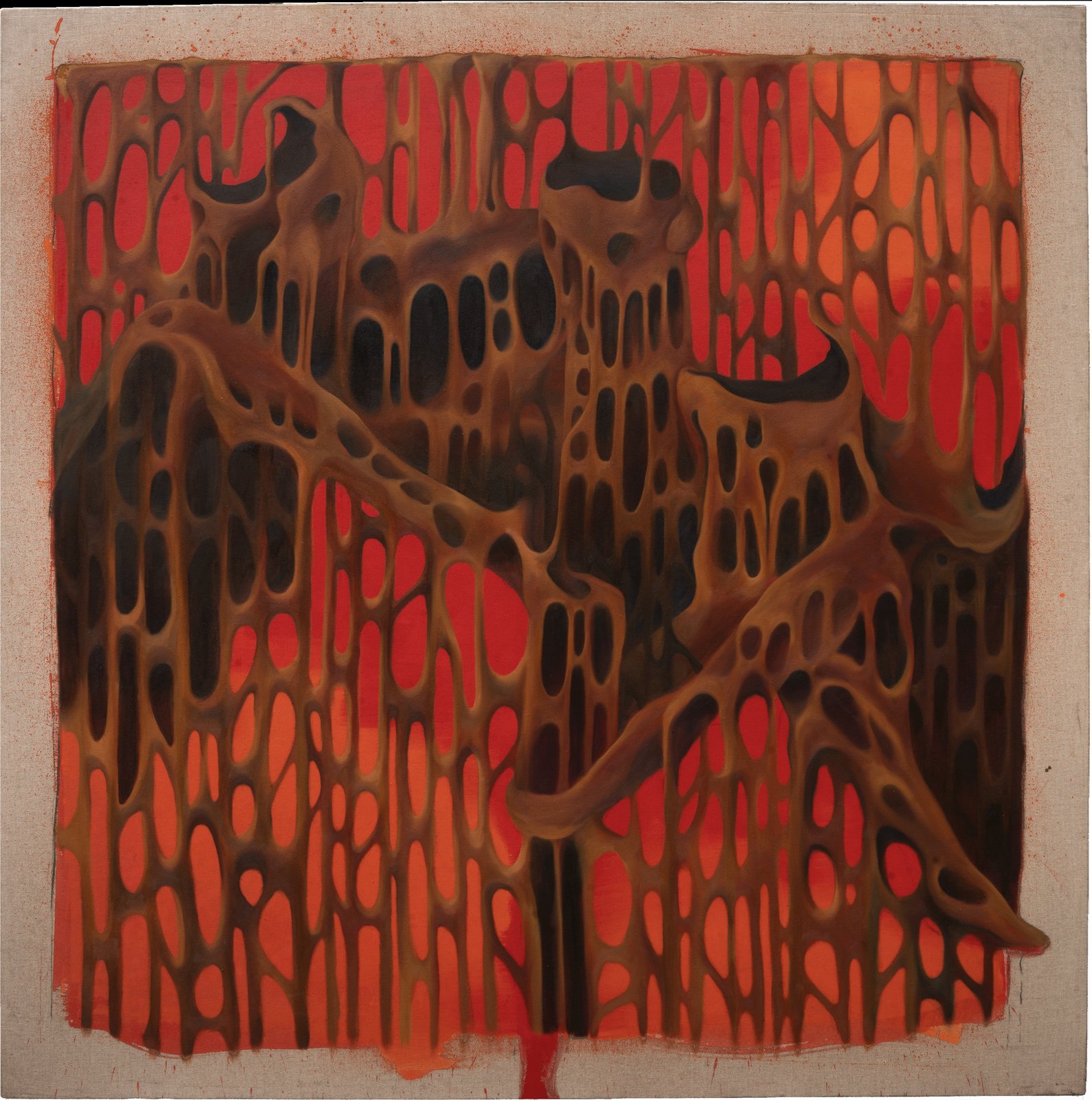 Fermenting — square painting of intertwined figures in a red lattice