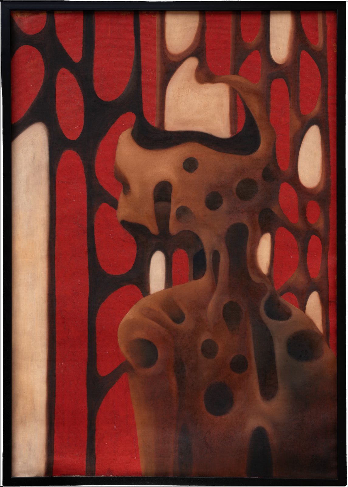 Inner void — torso-like form pierced with openings against deep red
