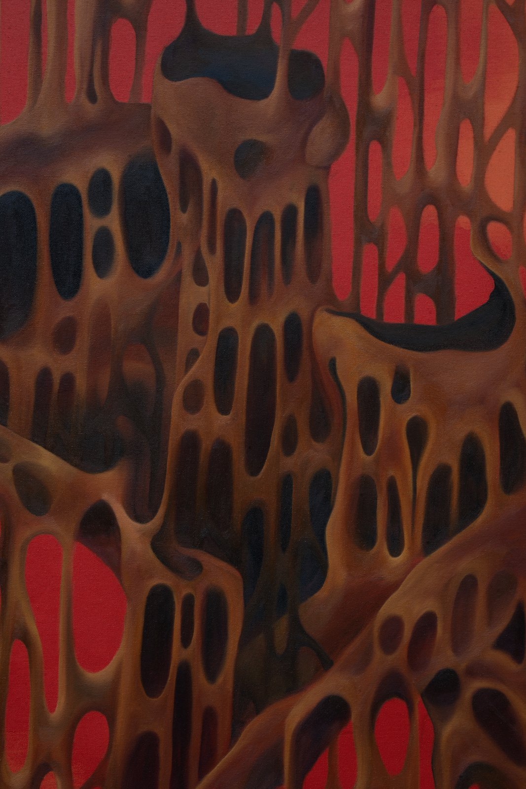 Print — vertical composition of dripping red and umber lattice forms