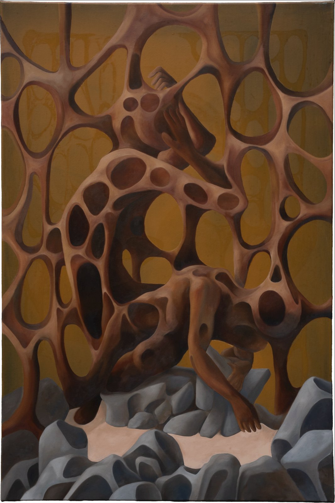 Self-Consuming — crouched figure among grey rocks against an olive lattice