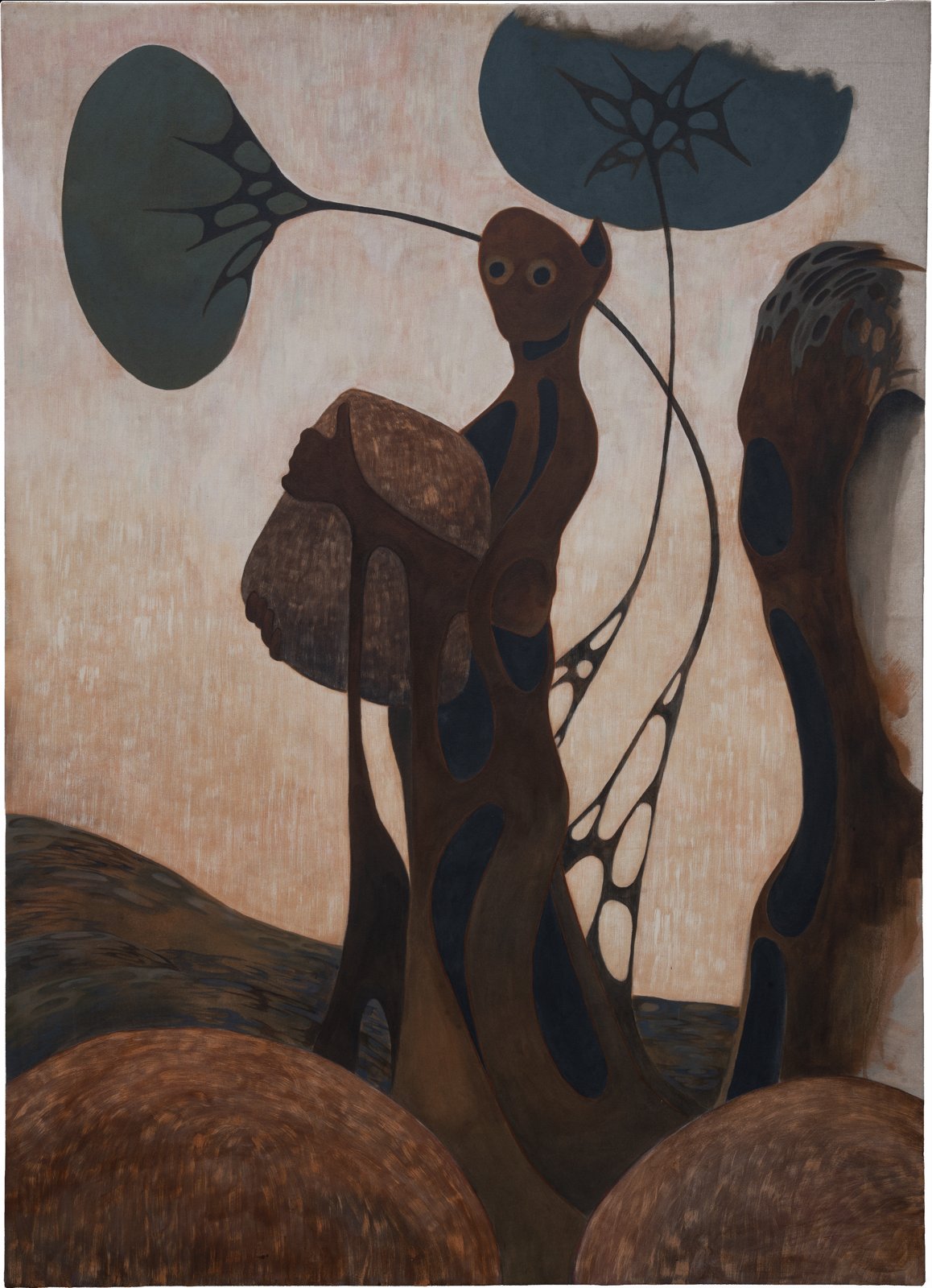 Stagnant — vertical painting of dripping dark organic forms over oxide red
